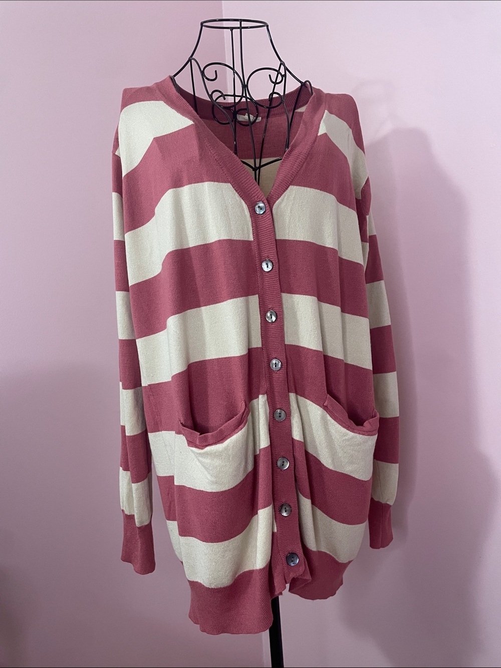 ODDY Dusty Rose and Cream Striped Button-Front Cardigan M/L
